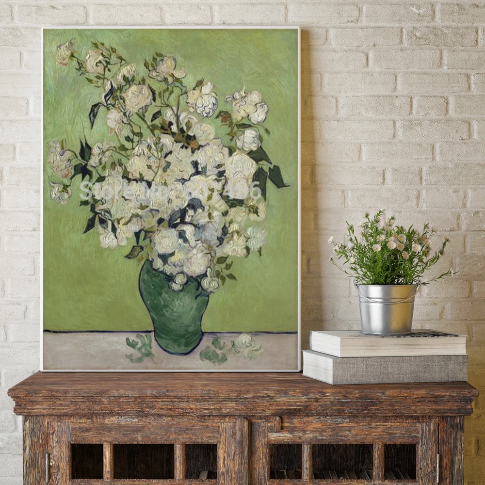 

Flowers Home Decor Canvas Print A Vase of Roses by Vicent Van Gogh Paintings for Dining Room Batnroom Dropship Wholesale