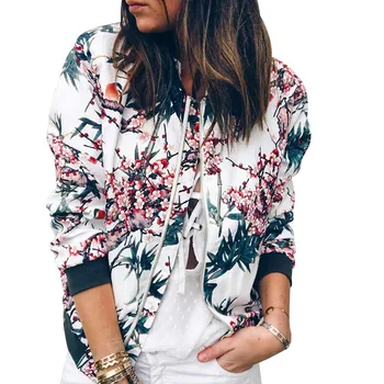 

Women Floral Printed Long Sleeve Zip up Coat Biker Retro Coat -MX8