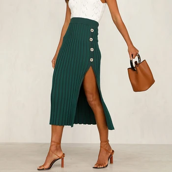 

2019 Side Split Women Skirt Autumn Knitting Fashion Pack Hip Bust Skirt Elegant Sheath Button Mujer Skirt Vestidos Robe