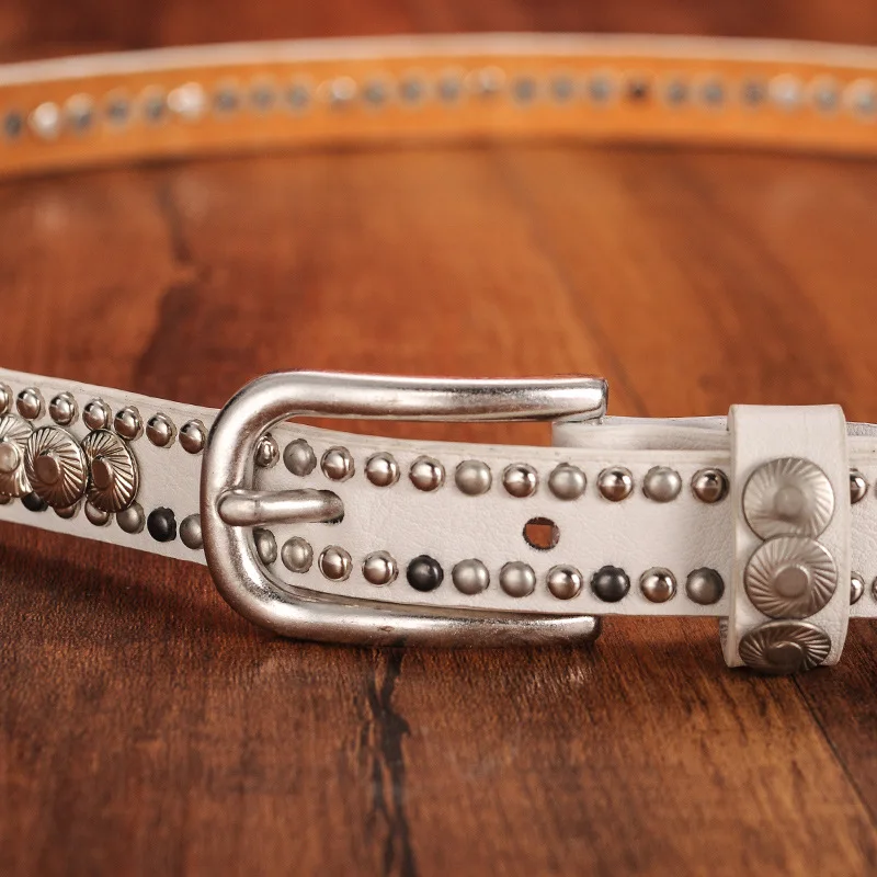 Women/'s Handcrafted Star Rivets Punk Rock Boucle en Métal Cuir Véritable Jean Ceinture