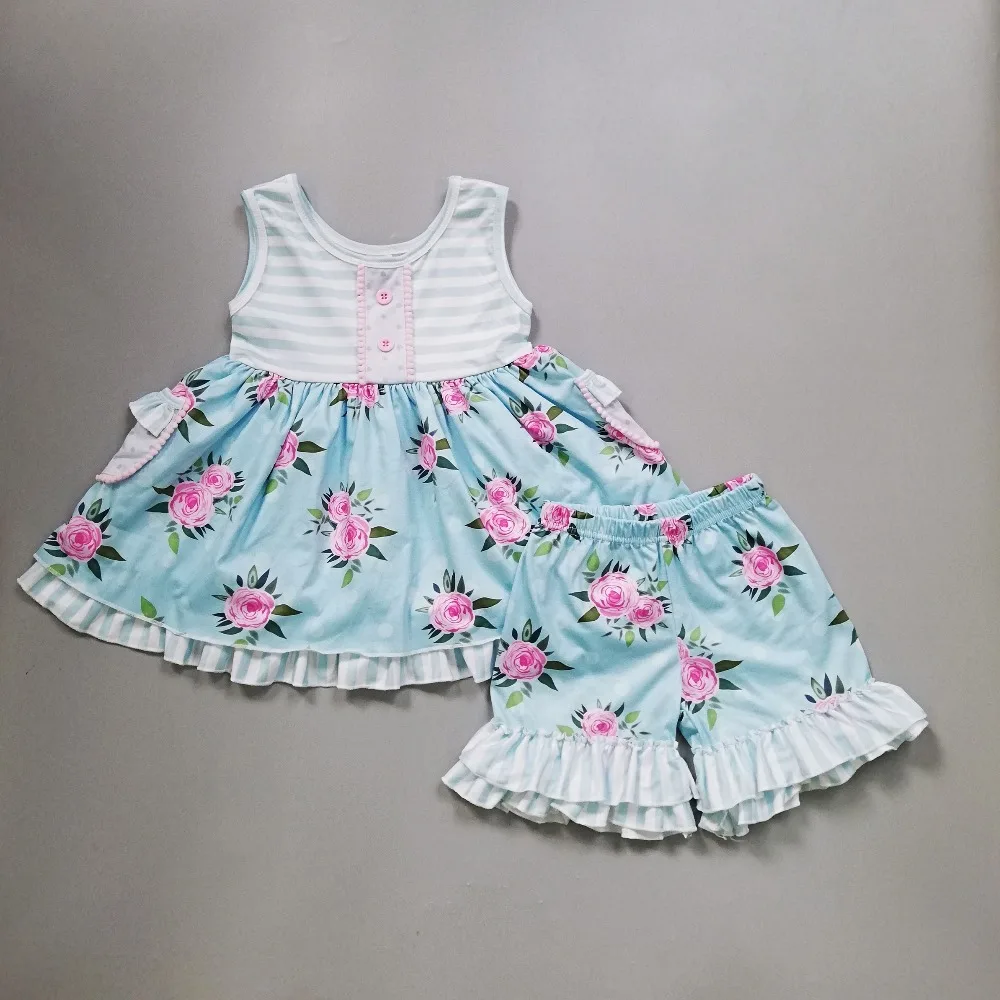 طفلة الملابس مجموعة الصيف Fasion الملابس مجموعة ضوء الأزرق مخطط سترة زر الديكور الطفل أطقم ملابس للفتيات الوليد الملابس
