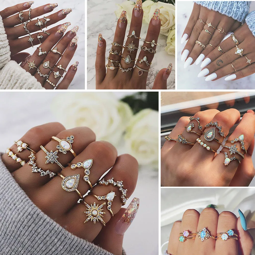 

IPARAM Bohemian Vintage Gold Opal Stone Crystal Knuckle Ring Set for Women Geometric Moon Sun Knuckle Finger Midi Ring Jewelry