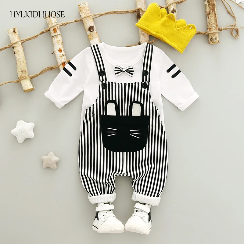 

HYLKIDHUOSE 2017 Autumn Baby Girls Boys Clothes Sets Bowknot T Shirt+Stripe Straps Pants Infant Suits Children Kids Suits
