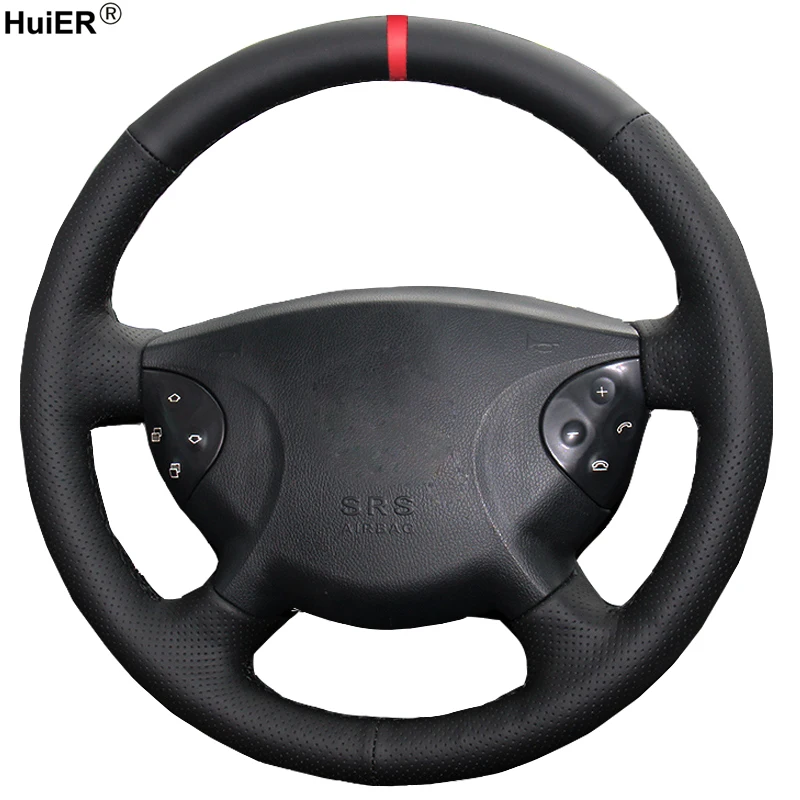 

HuiER Hand Sewing Car Steering Wheel Cover Red Marker For Mercedes Benz W210 E240 E63 E320 E280 2002-2004 2005 Auto Car Styling