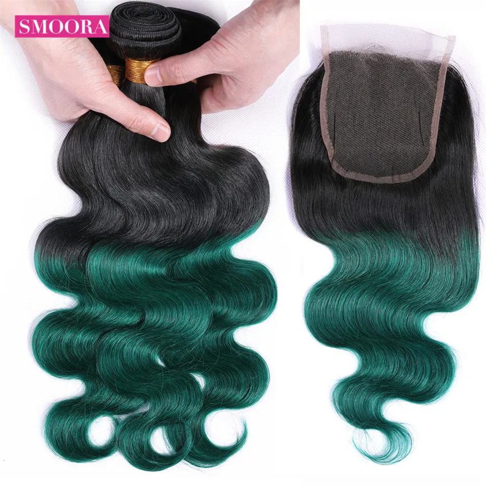 Smoora Ombre Bundles With Closure 1B/Green Two Tone Ombre Human Hair Weave Brazilian Body 3 Bundles Hair With Closure Non Remy Smoora Ombre Bundles With Closure 1B/Green Two Tone Ombre Human Hair Weave Brazilian Body 3 Bundles Hair With Closure Non Remy