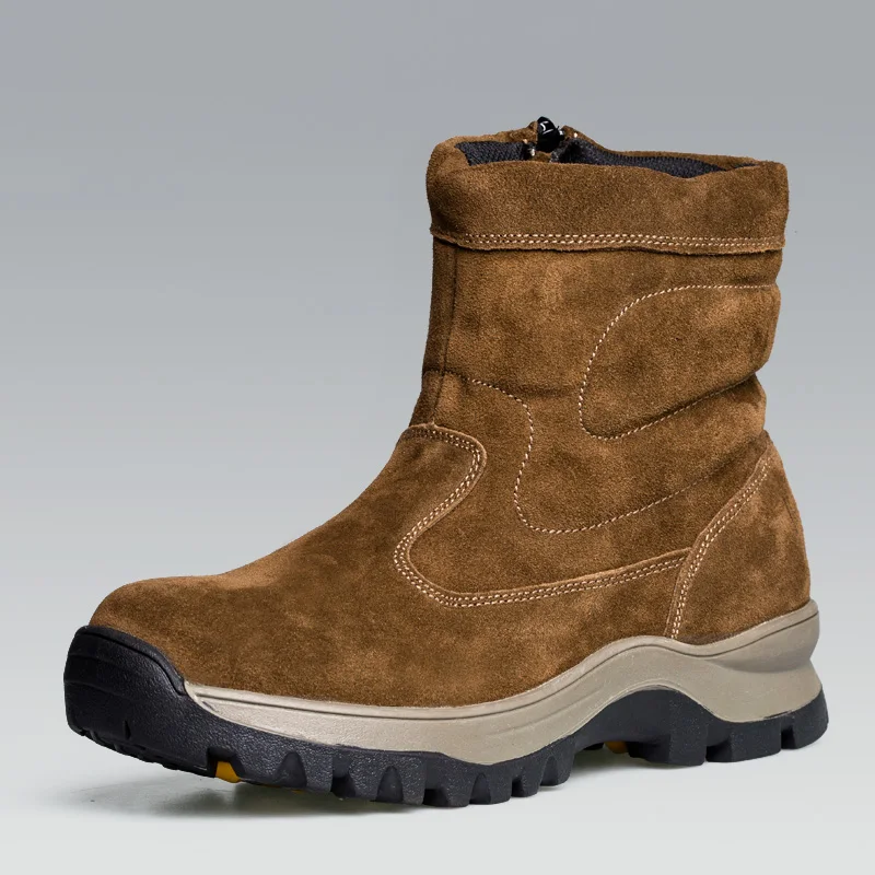 Mens Leather Zipper Mid Calf Plush Snow Boots Round Toe Super Warm