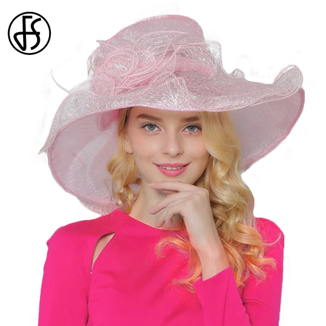 FS Ladies Pink Organza Hat Large Brim Summer Women Wedding Dress Hats