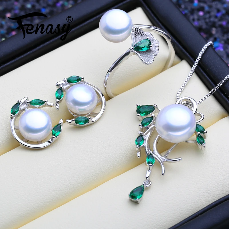 

FENASY 925 Sterling Silver Emerald Pearl Jewelry Sets Natural Stud Earrings Bohemian Pendant Necklace Women Green Stones Ring