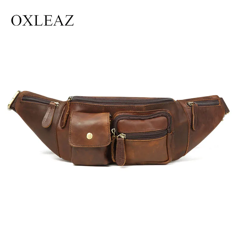

OXLEAZ Vintage Crazy Horse leather Men Waist Packs Fanny Pack Money Belt Bag Phone Pouch Bags Travel Waist Pack Male Small Bag