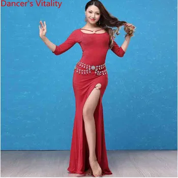 

New Fashion Lady Women Belly Dance Cut out Dress Set Oriental Indian Dance Competition Performance Clothes Ruffled Hem Garments