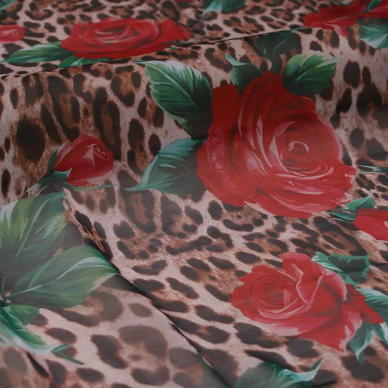 

Leopard and rose print thin chiffon fabric,soft chiffon tissu DIY cloth for dress, beach dress polyester chiffon tissus au metre