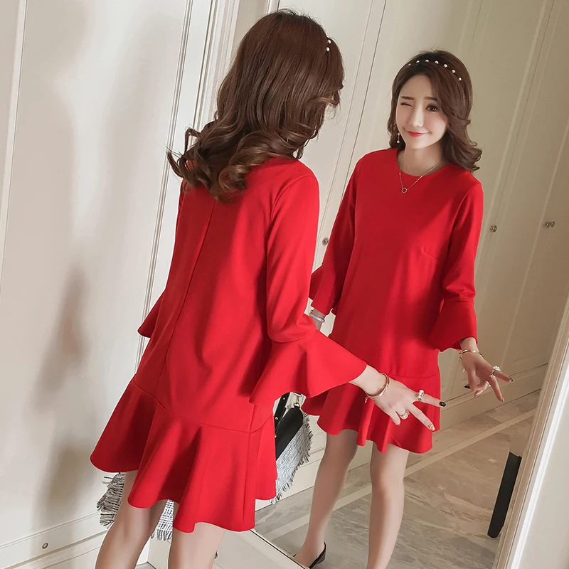 

2018 New Arrive Spring & Autumn Maternity Dress Woman Elegant Red Ruffles Large Size Dress MD-00294