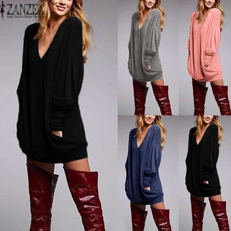 ZANZEA 2018 Women Mini Dress Sexy V Neck Long Sleeve Pockets Casual