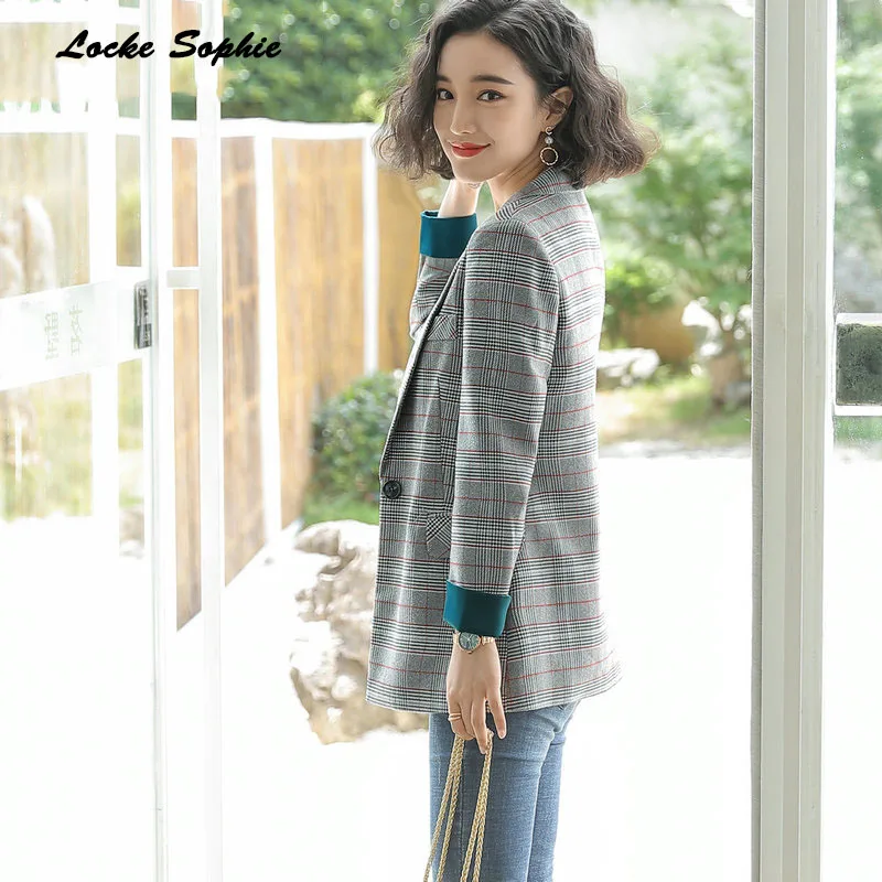 1pcs Women's Plus size Long Blazers coats 2019 Autumn Fashion cotton blend plaid Small Suits jackets ladies Skinny Blazers Suits