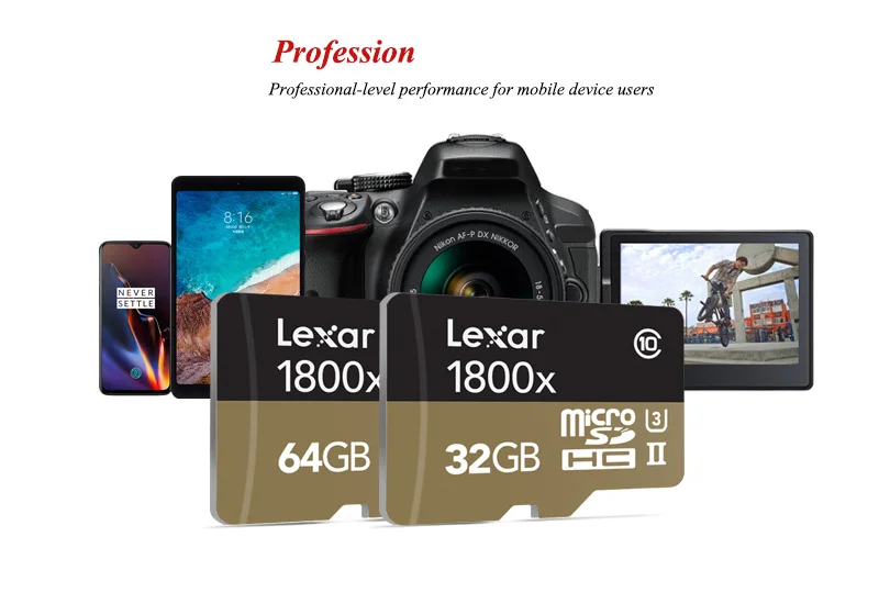 Lexar Профессиональный 1800x TF карты UHS-II Micro SD Card 64 Гб оперативной памяти, 32 Гб встроенной памяти до 270 МБ/с. U3 Class10 слот для карт памяти, флеш-карта