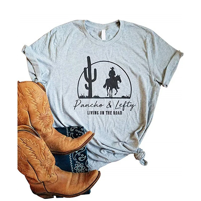 

PANCHO Lefty Living On The Road Print Women T shirt Cactus Knight Graphic Tees Casual Summer T-shirt Harajuku Female Tshirts