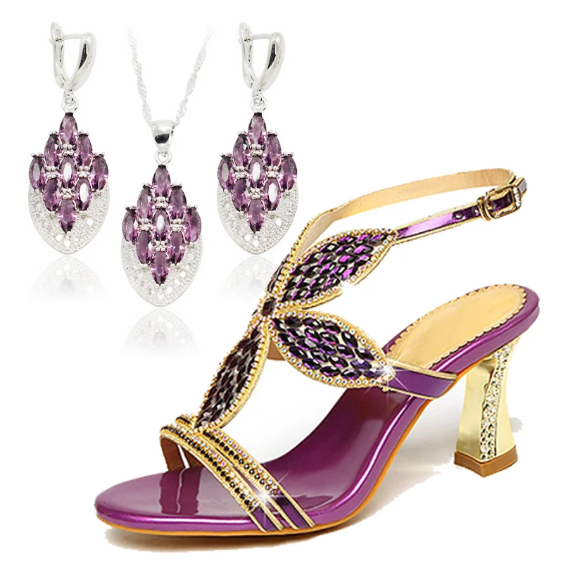 

2019 Crystal High-heeled Shoes Woman Blue Purple Zirconia Silver Jewelry Set Shoe Match Fashion Rhinestone Women Shoes Wedding