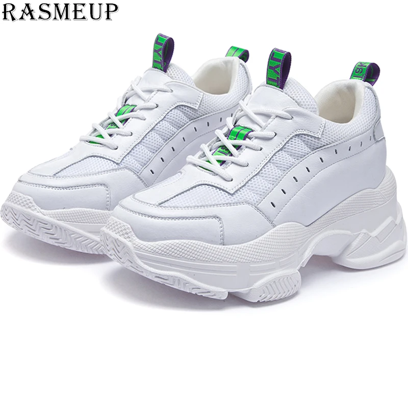 

RASMEUP Genuine Leather Mesh Breathable Women's Chunky Sneakers 2019 Fashion Height Increase Women Platform Trainers Woman Shoes