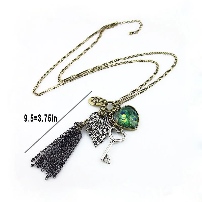 heart peacock feather key leave tassel necklace16