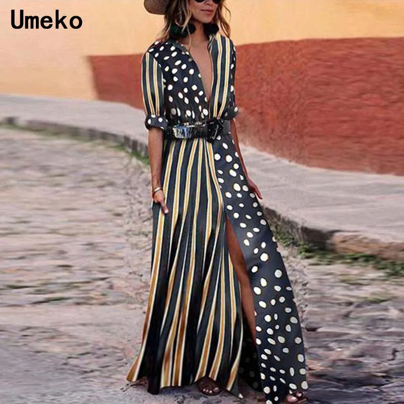 

Womens Shirt Dress Elegant Dot Strpied Summer Loose Half Sleeve Party Vintage Casual Ladies Long Dress Fashion 2019 Spring