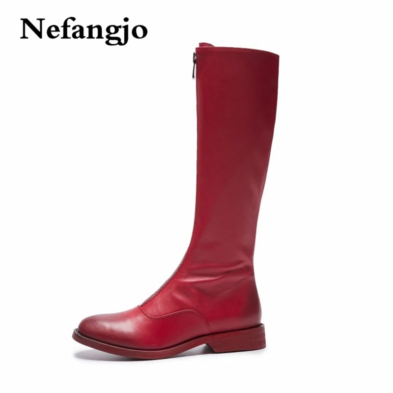 

Nefagnjo new full leather front zip high boots low heel leather boots non-slip round head women's boots autumn/ winter 2018