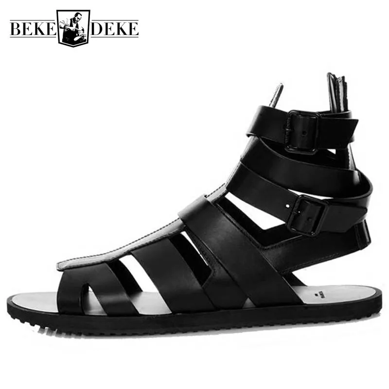 Black Sandals Men 2022 Summer Buckle Sandals Boots Genuine Leather