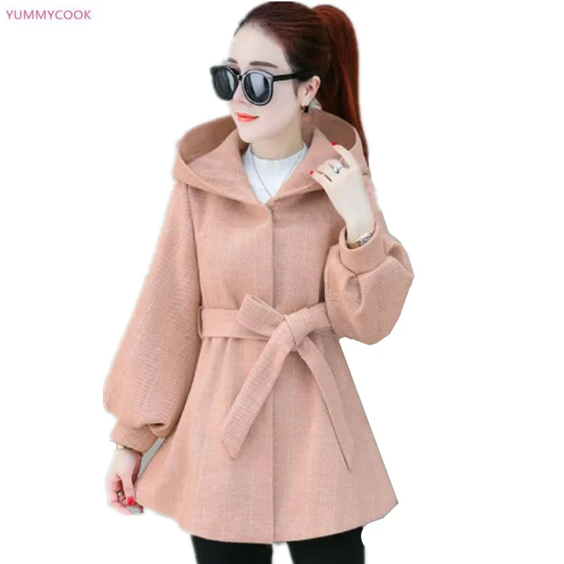 

Woolen Overcoats women autumn and winter women new Korean elegant hooded woolen coat belt design fashion Slim woolen jacket 333