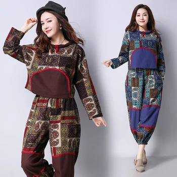 

2017 autumn outfit loose big yards national printed stitching suit casual blouse & wide-legged pants cotton two-piece clothing
