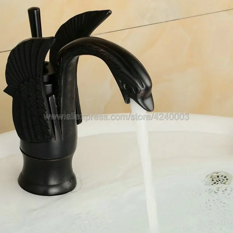 Oil Rubbed Bronze Swan Shape Black  Brass Basin Sink Faucet Bathroom Single Hole Centerset Basin Mixer Tap Swan Faucet Knf030