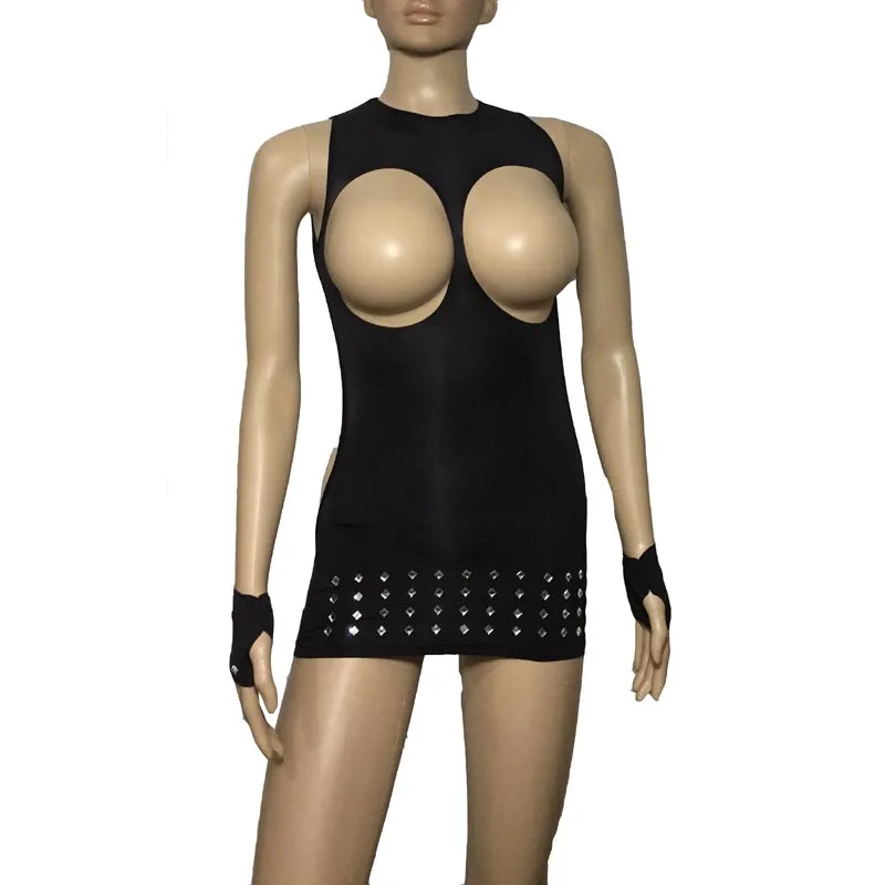 Сексуальное Непрозрачное черное платье без бретелек с открытой спиной, стразы, облегающее мини-платье с перчатками, открытая ягодица, открытый бюст, фетиш, комплект нижнего белья