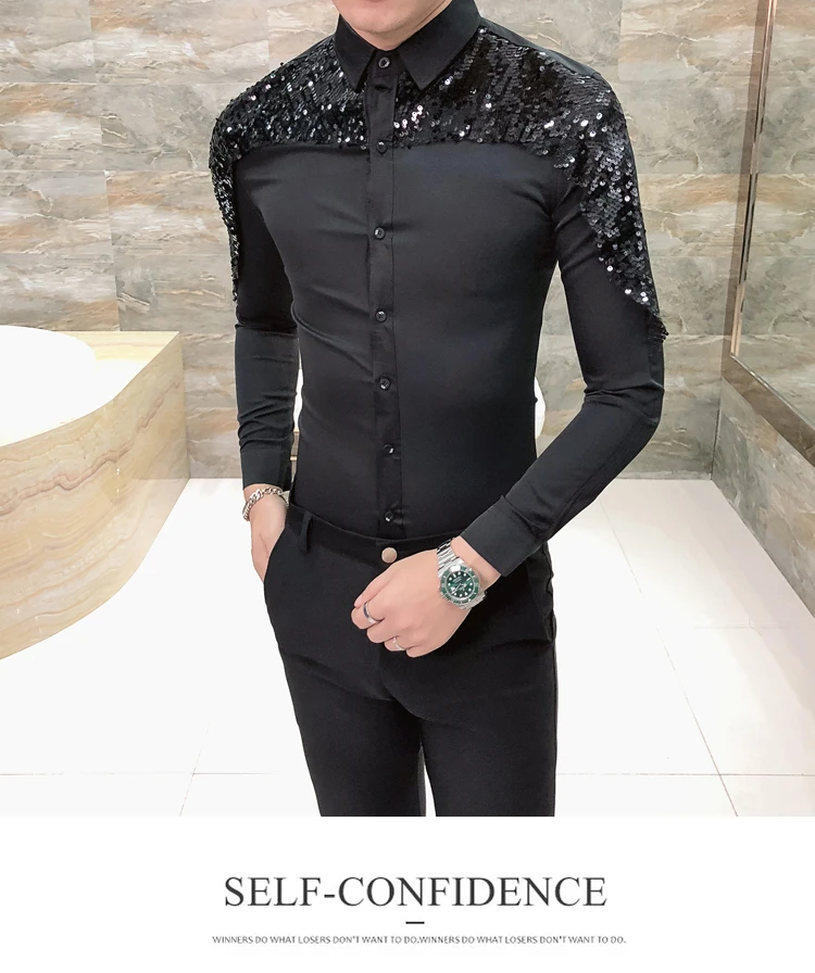 Brand Slim Fit Men Shirt Korean Fashion Paillette Shirt Long Sleeve Casual Shirts Night Club Party Prom Dress Shirt camisa