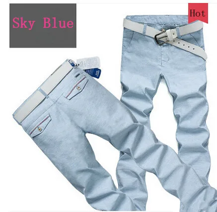 Новое поступление, Летние Стильные мужские повседневные однотонные длинные льняные узкие брюки, модные облегающие хлопковые брюки - Цвет: 609Sky Blue