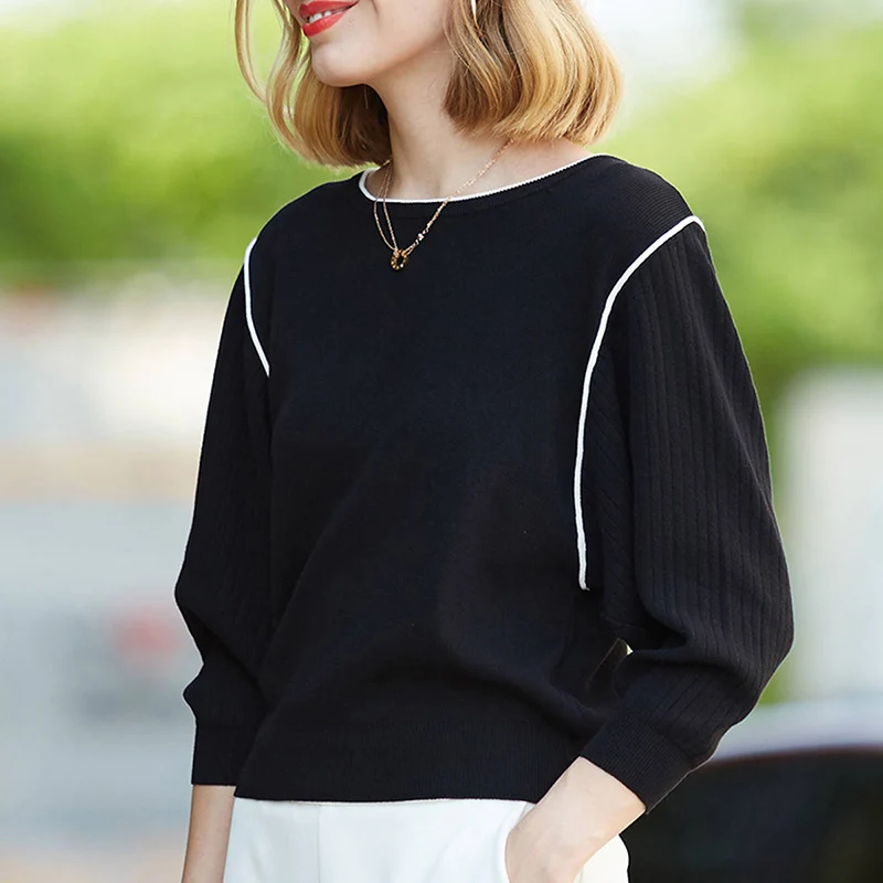 Spring Round neck Striped Knit Sweater Fashion and elegant White Sweater 2019 Brand Design black Spring Knitting Sweater woman Spring Round neck Striped Knit Sweater Fashion and elegant White Sweater 2019 Brand Design black Spring Knitting Sweater woman