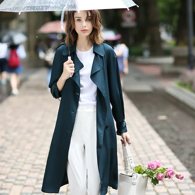 

100% Heavy Silk Windcoat Women Trench Coat Classical Design Dustcoat Double Breasted Sashes 3 Colors Spring 2019 New Fashion