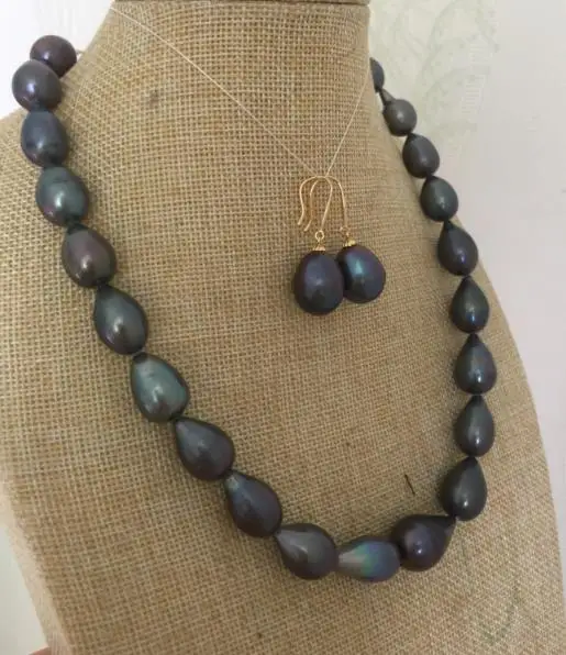 

13-14mm tahitianoque bar black grey pearl necklace &earring 925silver