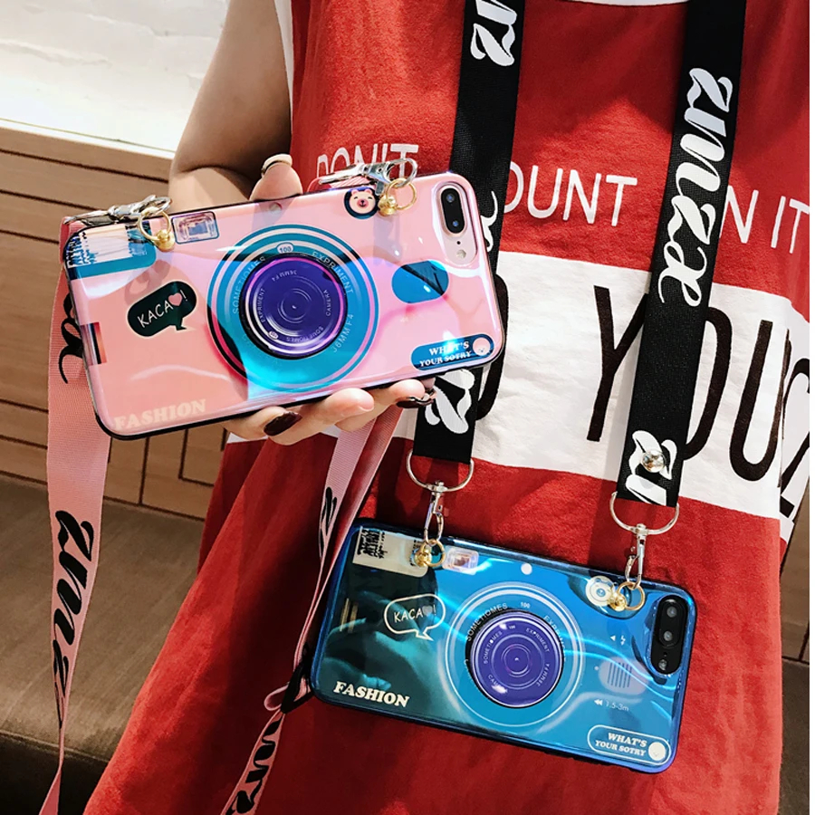 

For iphone XS MAX XR X 8 7 plus 6 6s plus case cover luxury blue ray 3d camera with long strap soft silicon phone bag Ritozcas