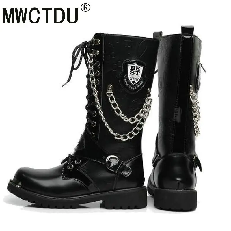 MWCTDU Army Boots Men High Military Combat Men Boots Mid Calf Metal Chain Male Motorcycle Punk Boots Spring Men's Shoes Rock