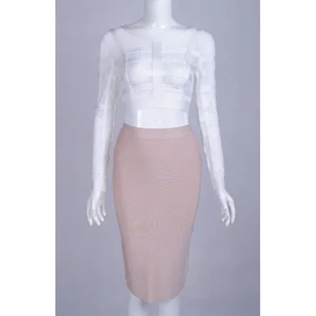 

Top Quality White Mesh Hollow Out Knee Length 2 Pieces Set Rayon Bandage Dress Celebrity Evening Party Bodycon Dress