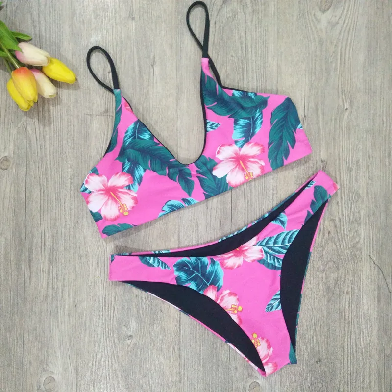 

Bikini Swimwear Women Swimsuit Bathing Suit Brazilian Bikini Set 2019 Vintage Floral Leaf Printed Padded Beachwear Swimsuit