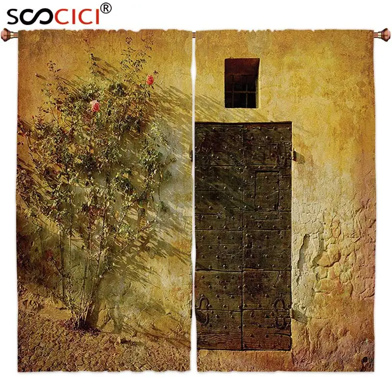 

Window Curtains Treatments 2 Panels,Rustic Decor Historical Artistic Italian Door Of Stone House Mediterranean Picturesque