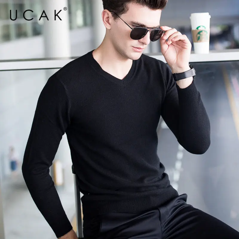 UCAK Brand Sweater Men Classic Casual V-Neck Pull Homme Pure Merino Wool Pullover Men Autumn Winter Soft Cashmere Sweaters U3005 - Color: Black