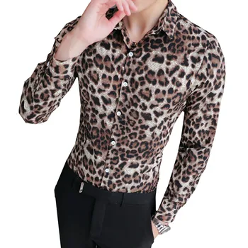

Men's long-sleeved shirt nightclub Leopard Print Korean Slim youth trend autumn personality business casual flower inch clothing