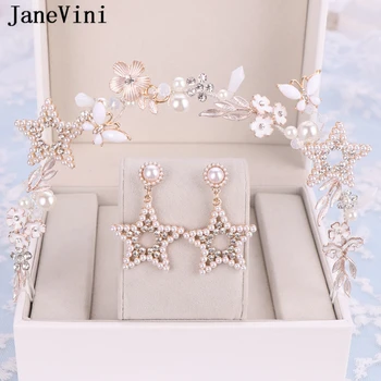 

JaneVini 2019 Elegant Bridal Hairbands Wedding Crowns and Tiaras with Earrings Princess Headbands Women Jewelry Hair Accessories