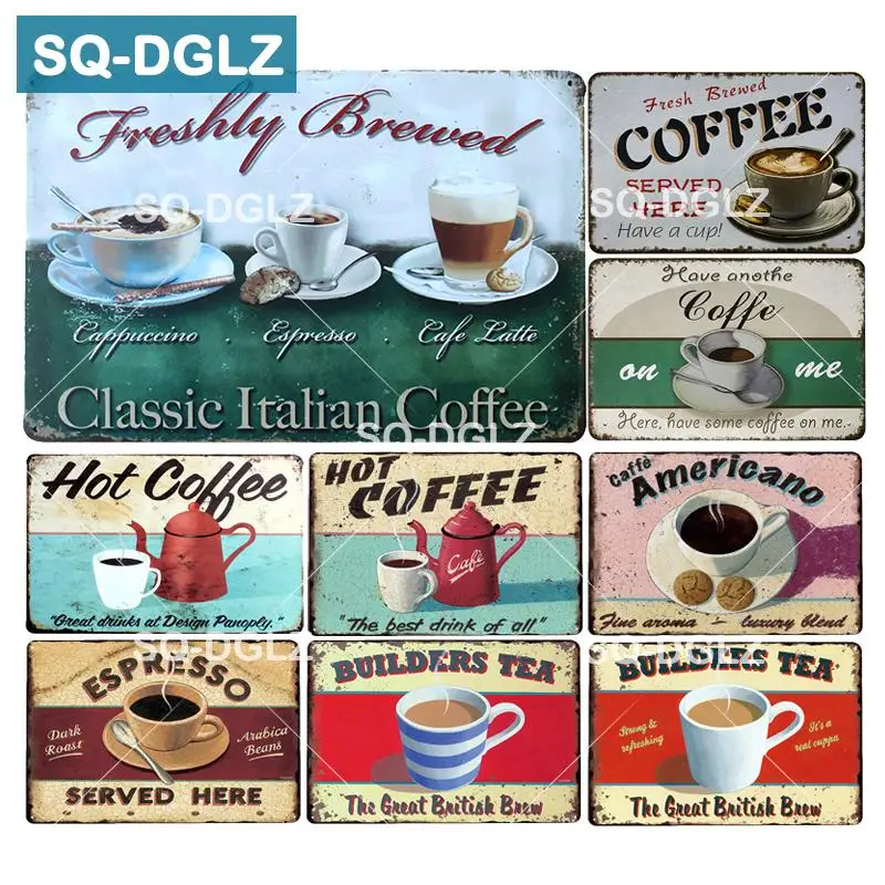 

[SQ-DGLZ]Hot Hot Coffee Metal Sign Builders Tea Plates Freshly Brewed Wall Decor Espresso Tin Signs Retro Plaque