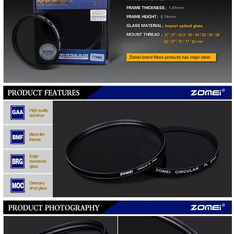 ZOMEI Ultra Slim AGC оптическое Стекло PRO CPL круговой поляризационный фильтр Камера фильтр для объектива 52/55/58/62/67/72/77/82 мм