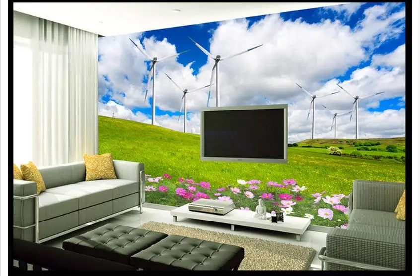 

Customized 3d wallpaper 3d wall murals wallpaper Blue sky and white clouds lawn windmill TV wall living rome photo wallpaper