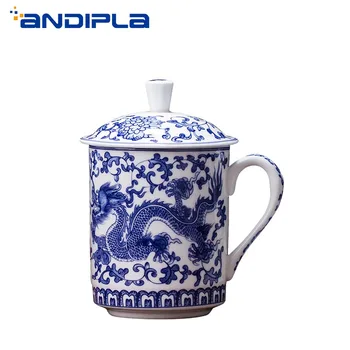 

400ml Jingdezhen Ceramic Teacup with Lid Blue and White Porcelain Dragon Pattern Water Cup Chinese Kung Fu Tea Set Master Mugs