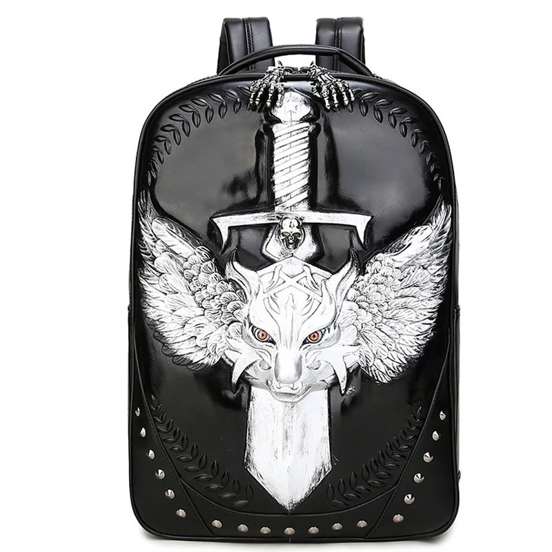 

Hot Vintage Men Backpack Pu Leather Bagpack Student 3D Emboss Spatial Wolf Sword Skull Travel Shoulders Bag Restore Rucksack