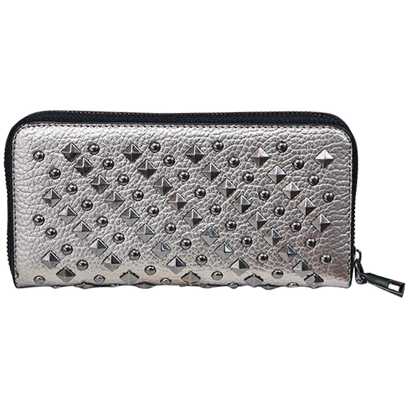 

2018 New lady wallet tide personality rivet long pures clutch bag casual solid color zipper holding wallets