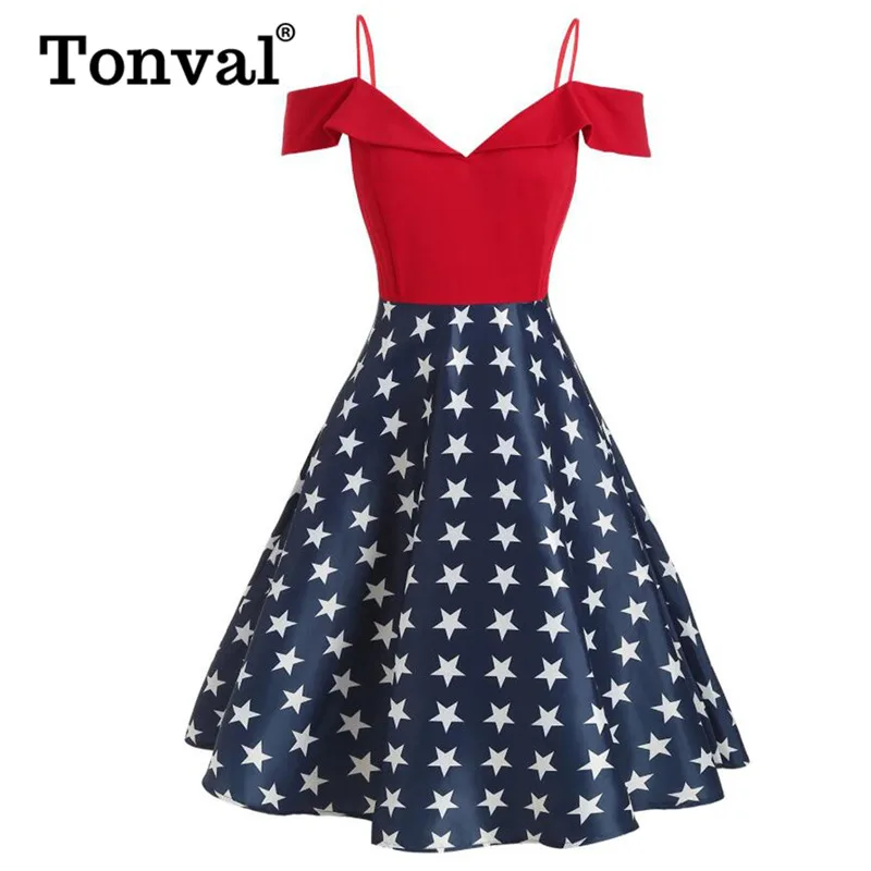 

Tonval Red and Blue Two Tone Cold Shoulder Party Dress Star Print V-Neck A Line Sexy Dress Women Vintage Swing Dresses